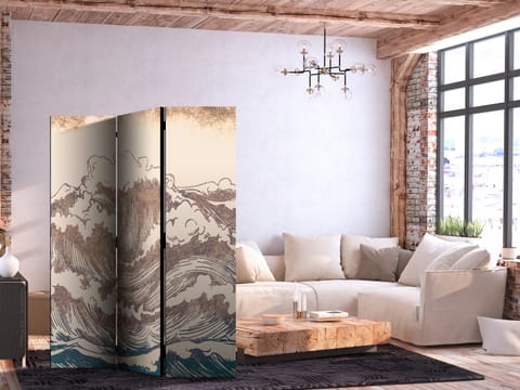 ⁨Parawan - Wzburzony ocean - Wysokie fale w kolorystyce brązu i granatu na beżowym tle w stylistyce vintage (rozmiar 135x172, wykończenie Dwustronny)⁩ w sklepie Wasserman.eu