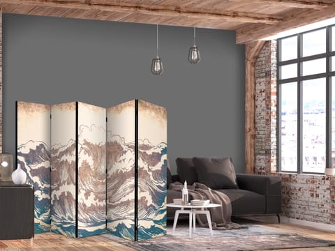 ⁨Parawan - Wzburzony ocean - Wysokie fale w kolorystyce brązu i granatu na beżowym tle w stylistyce vintage (rozmiar 225x172, wykończenie Dwustronny)⁩ w sklepie Wasserman.eu