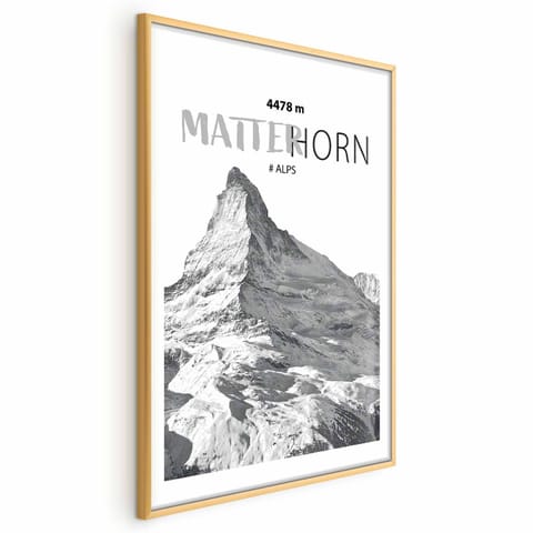 ⁨Plakat - majestatyczny szczyt górski Matterhorn korona gór pejzaż górski (rozmiar 29.7x42, wykończenie Rama złota z marginesem)⁩ w sklepie Wasserman.eu