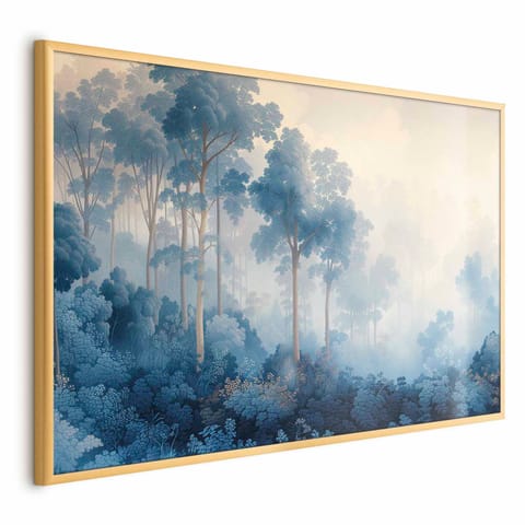 ⁨Plakat - Lasek w mglistych odcieniach błękitu (rozmiar 42x29.7, wykończenie Rama złota)⁩ w sklepie Wasserman.eu