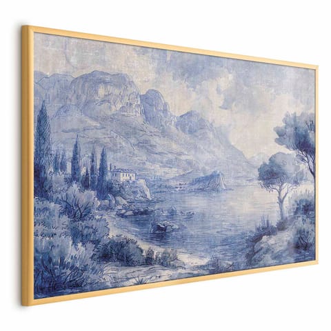 ⁨Plakat - Niebieska zatoka - włoski krajobraz jeziora Como malowany niebieskim tuszem (rozmiar 60x40, wykończenie Rama złota)⁩ w sklepie Wasserman.eu