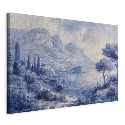 ⁨Obraz - Niebieska zatoka - włoski krajobraz jeziora Como malowany niebieskim tuszem (rozmiar 90x60, wykończenie Na płótnie włoskim)⁩ w sklepie Wasserman.eu