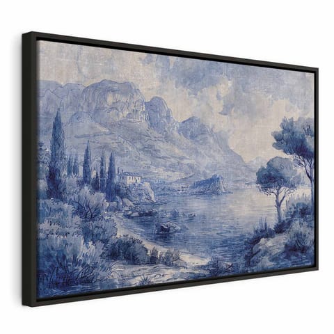 ⁨Obraz - Niebieska zatoka - włoski krajobraz jeziora Como malowany niebieskim tuszem (rozmiar 90x60, wykończenie W ramie drewnianej czarnej)⁩ w sklepie Wasserman.eu