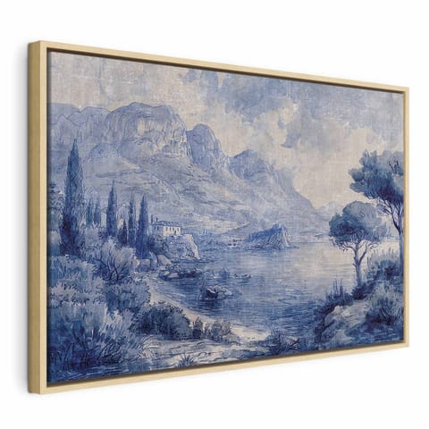 ⁨Obraz - Niebieska zatoka - włoski krajobraz jeziora Como malowany niebieskim tuszem (rozmiar 60x40, wykończenie W ramie drewnianej naturalnej)⁩ w sklepie Wasserman.eu