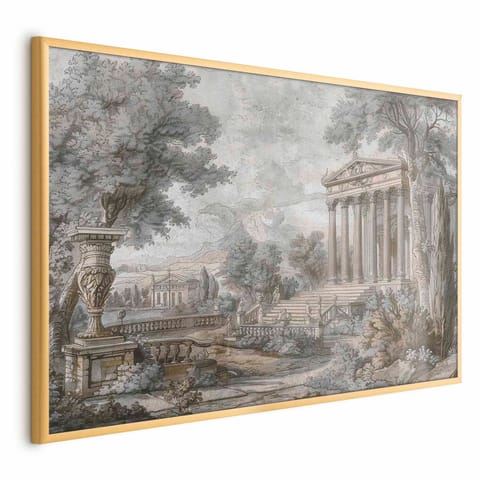 ⁨Plakat - Świątynia na wzgórzu - grecka architektura w stonowanej kolorystyce (rozmiar 42x29.7, wykończenie Rama złota)⁩ w sklepie Wasserman.eu