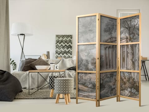 ⁨Parawan japoński - Antyczny pejzaż - grecka świątynia na wzgórzu wśród bujnej roślinności (rozmiar 135x172, wykończenie )⁩ w sklepie Wasserman.eu