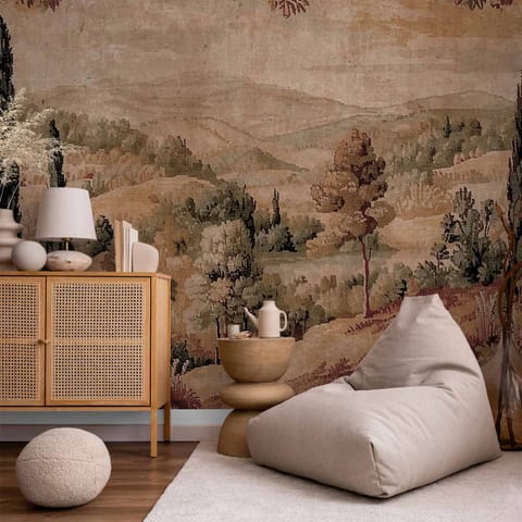 ⁨Fototapeta - Śródziemnomorski krajobraz - stary gobelin ze wzgórzem i jeziorem (rozmiar 343x256, wykończenie Samoprzylepna)⁩ w sklepie Wasserman.eu