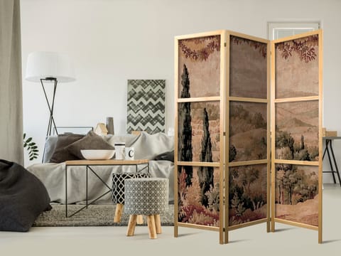 ⁨Parawan japoński - Krajobraz z cyprysami - stary gobelin ze śródziemnomorską roślinnością (rozmiar 135x172, wykończenie )⁩ w sklepie Wasserman.eu