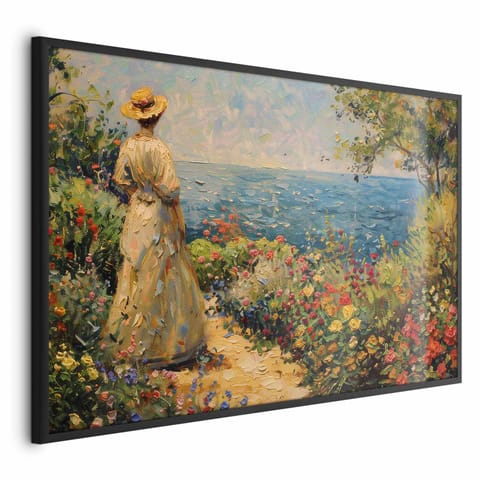 ⁨Plakat - Nostalgiczna impresja - zamyślona kobieta kontempluje krajobraz (rozmiar 90x60, wykończenie Rama czarna)⁩ w sklepie Wasserman.eu