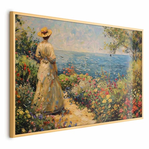 ⁨Plakat - Nostalgiczna impresja - zamyślona kobieta kontempluje krajobraz (rozmiar 60x40, wykończenie Rama złota)⁩ w sklepie Wasserman.eu