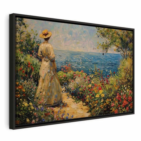 ⁨Obraz - Nostalgiczna impresja - zamyślona kobieta kontempluje krajobraz (rozmiar 120x80, wykończenie W ramie drewnianej czarnej)⁩ w sklepie Wasserman.eu