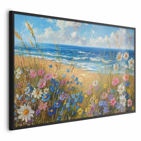 ⁨Plakat - Morski krajobraz - polne kwiaty i widok na wzburzone morze (rozmiar 60x40, wykończenie Rama czarna)⁩ w sklepie Wasserman.eu