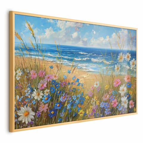 ⁨Plakat - Morski krajobraz - polne kwiaty i widok na wzburzone morze (rozmiar 90x60, wykończenie Rama złota)⁩ w sklepie Wasserman.eu