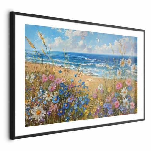 ⁨Plakat - Morski krajobraz - polne kwiaty i widok na wzburzone morze (rozmiar 60x40, wykończenie Rama czarna z marginesem)⁩ w sklepie Wasserman.eu