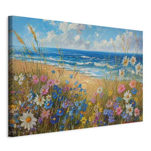 ⁨Obraz - Morski krajobraz - polne kwiaty i widok na wzburzone morze (rozmiar 60x40, wykończenie Na płótnie włoskim)⁩ w sklepie Wasserman.eu