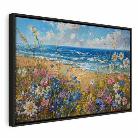 ⁨Obraz - Morski krajobraz - polne kwiaty i widok na wzburzone morze (rozmiar 90x60, wykończenie W ramie drewnianej czarnej)⁩ w sklepie Wasserman.eu