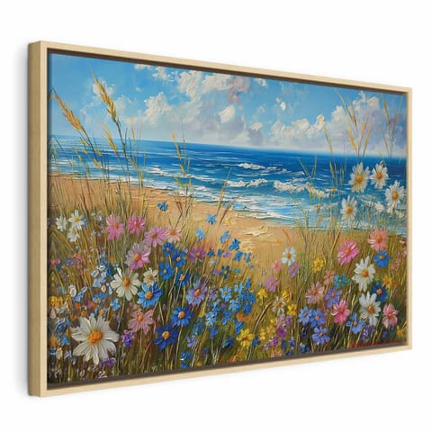 ⁨Obraz - Morski krajobraz - polne kwiaty i widok na wzburzone morze (rozmiar 60x40, wykończenie W ramie drewnianej naturalnej)⁩ w sklepie Wasserman.eu