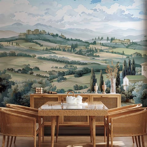 ⁨Fototapeta - Pejzaż z zielonymi polami i drzewami toskański słoneczny widok (rozmiar 100x70, wykończenie Wodoodporna)⁩ w sklepie Wasserman.eu