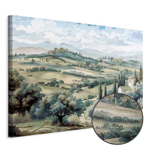 ⁨Obraz - Pejzaż z zielonymi polami i drzewami toskański słoneczny widok (rozmiar 120x80, wykończenie Premium Print)⁩ w sklepie Wasserman.eu