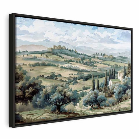 ⁨Obraz - Pejzaż z zielonymi polami i drzewami toskański słoneczny widok (rozmiar 120x80, wykończenie W ramie drewnianej czarnej)⁩ w sklepie Wasserman.eu