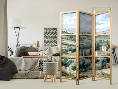 ⁨Parawan japoński - Pejzaż z zielonymi polami i drzewami - toskański słoneczny widok (rozmiar 135x172, wykończenie )⁩ w sklepie Wasserman.eu