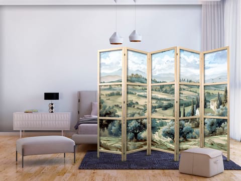 ⁨Parawan japoński - Pejzaż z zielonymi polami i drzewami - toskański słoneczny widok (rozmiar 225x172, wykończenie )⁩ w sklepie Wasserman.eu