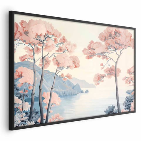 ⁨Plakat - Ocean klify i drzewa; delikatny motyw w pastelowych kolorach (rozmiar 42x29.7, wykończenie Rama czarna)⁩ w sklepie Wasserman.eu