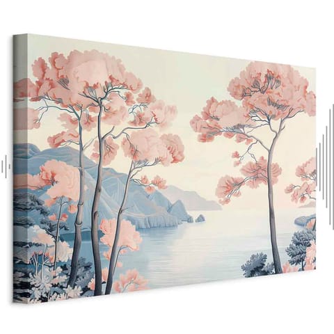 ⁨Obraz - Pejzaż z oceanem klifami i drzewami w delikatnych różowych barwach (rozmiar 120x80, wykończenie Akustyczny)⁩ w sklepie Wasserman.eu