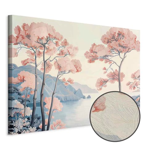 ⁨Obraz - Pejzaż z oceanem klifami i drzewami w delikatnych różowych barwach (rozmiar 120x80, wykończenie Premium Print)⁩ w sklepie Wasserman.eu