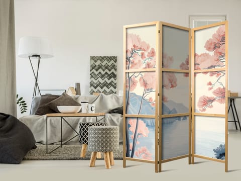 ⁨Parawan japoński - Pejzaż z oceanem - klifami i drzewami w delikatnych różowych barwach (rozmiar 135x172, wykończenie )⁩ w sklepie Wasserman.eu