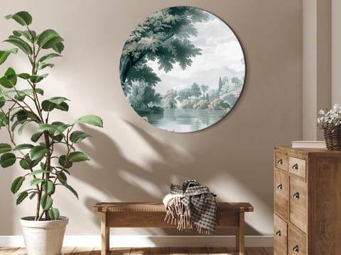 ⁨Obraz okrągły - Pejzaż z parkiem i jeziorem w retro zieleniach (rozmiar 80x80, wykończenie )⁩ w sklepie Wasserman.eu