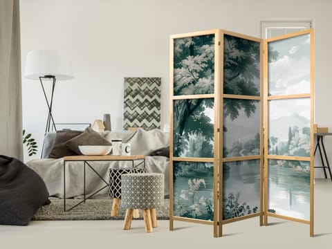 ⁨Parawan japoński - Widok na park i jezioro - retro vintage pejzaż w zieleniach (rozmiar 135x172, wykończenie )⁩ w sklepie Wasserman.eu