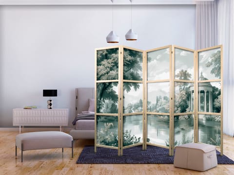 ⁨Parawan japoński - Widok na park i jezioro - retro vintage pejzaż w zieleniach (rozmiar 225x172, wykończenie )⁩ w sklepie Wasserman.eu