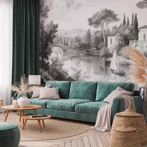 ⁨Fototapeta - Czarno-biały pejzaż vintage retro widok na staw z łódką (rozmiar 490x350, wykończenie Samoprzylepna)⁩ w sklepie Wasserman.eu