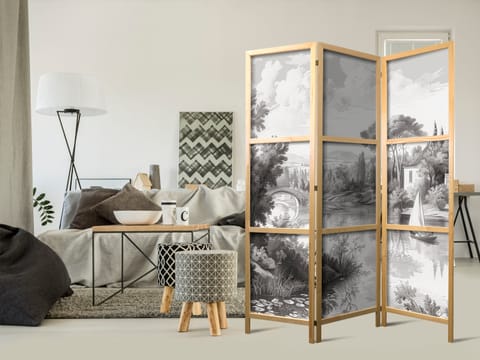 ⁨Parawan japoński - Czarno-biały pejzaż vintage - retro widok na staw z łódką (rozmiar 135x172, wykończenie )⁩ w sklepie Wasserman.eu