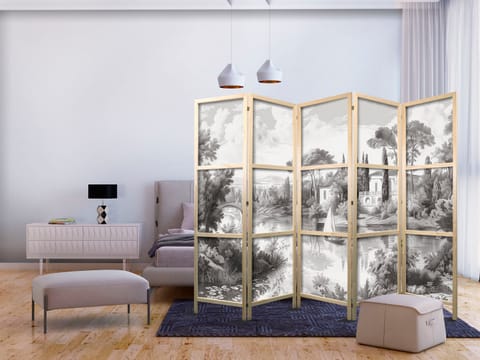 ⁨Parawan japoński - Czarno-biały pejzaż vintage - retro widok na staw z łódką (rozmiar 225x172, wykończenie )⁩ w sklepie Wasserman.eu