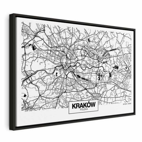 ⁨Obraz - Mapa miasta: Kraków (1-częściowy) szeroki (rozmiar 60x40, wykończenie W ramie drewnianej czarnej)⁩ w sklepie Wasserman.eu