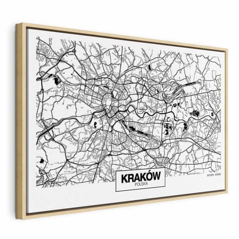 ⁨Obraz - Mapa miasta: Kraków (1-częściowy) szeroki (rozmiar 60x40, wykończenie W ramie drewnianej naturalnej)⁩ w sklepie Wasserman.eu