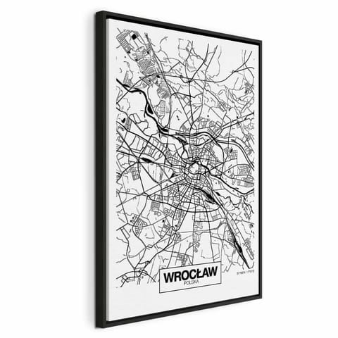 ⁨Obraz - Mapa miasta: Wrocław (1-częściowy) pionowy (rozmiar 40x60, wykończenie W ramie drewnianej czarnej)⁩ w sklepie Wasserman.eu