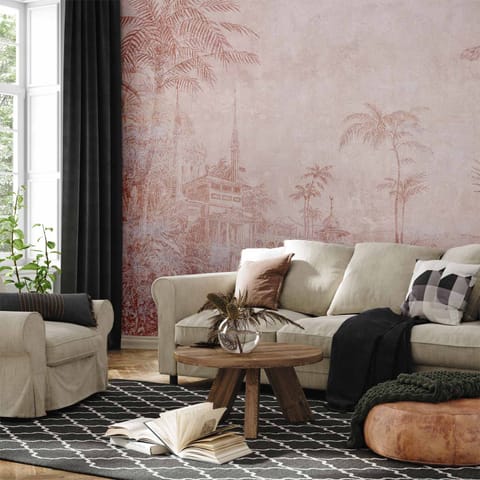 ⁨Fototapeta - Krajobraz ze świątynią - rycina indyjskiej architektury z palmami (rozmiar 500x350, wykończenie Standard)⁩ w sklepie Wasserman.eu