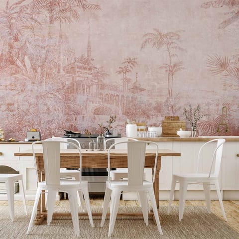 ⁨Fototapeta - Krajobraz ze świątynią - rycina indyjskiej architektury z palmami (rozmiar 200x140, wykończenie Wodoodporna)⁩ w sklepie Wasserman.eu