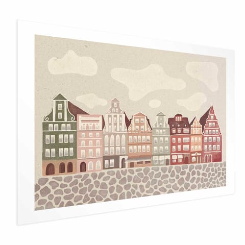 ⁨Plakat - Kolorowe Fasady - zabytkowe wrocławskie kamienice na tle nieba i brukowanej uliczki (rozmiar 90x60, wykończenie Bez ramy z marginesem)⁩ w sklepie Wasserman.eu