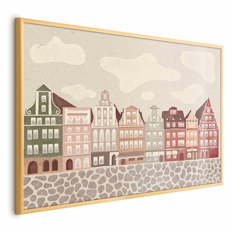⁨Plakat - Kolorowe Fasady - zabytkowe wrocławskie kamienice na tle nieba i brukowanej uliczki (rozmiar 90x60, wykończenie Rama złota)⁩ w sklepie Wasserman.eu