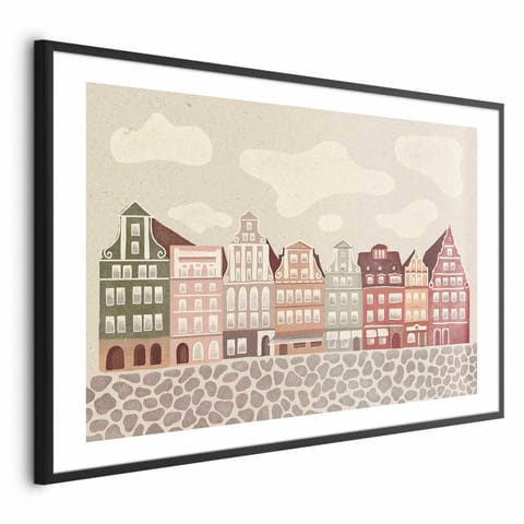 ⁨Plakat - Kolorowe Fasady - zabytkowe wrocławskie kamienice na tle nieba i brukowanej uliczki (rozmiar 60x40, wykończenie Rama czarna z marginesem)⁩ w sklepie Wasserman.eu