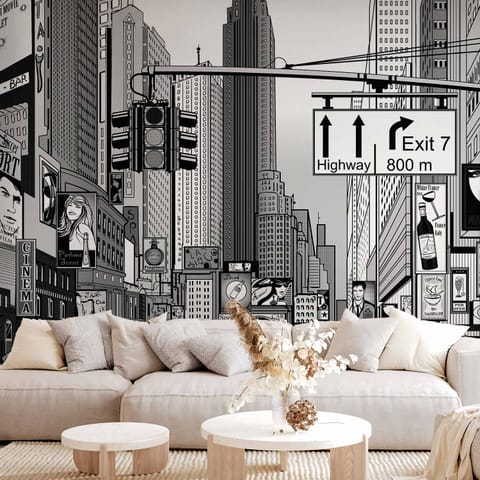 ⁨Fototapeta - Komiksowe miasto - ulica w Nowym Jorku w stylu popart (rozmiar 490x350, wykończenie Samoprzylepna)⁩ w sklepie Wasserman.eu
