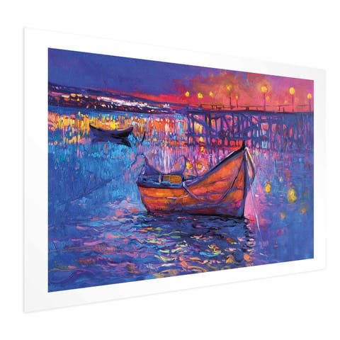 ⁨Plakat - Nowoczesny impresjonizm - nocny krajobraz jeziora z pływającą łódką (rozmiar 42x29.7, wykończenie Bez ramy z marginesem)⁩ w sklepie Wasserman.eu