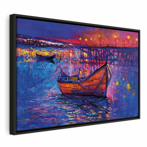 ⁨Obraz - Nowoczesny impresjonizm - nocny krajobraz jeziora z pływającą łódką (rozmiar 90x60, wykończenie W ramie drewnianej czarnej)⁩ w sklepie Wasserman.eu