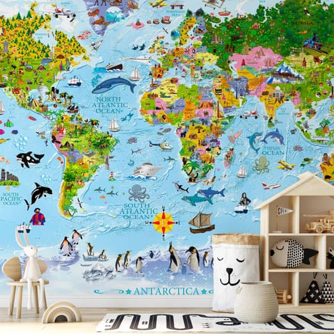 ⁨Self-adhesive wall mural - Children's world map with colorful drawings (size 98x70)⁩ at Wasserman.eu