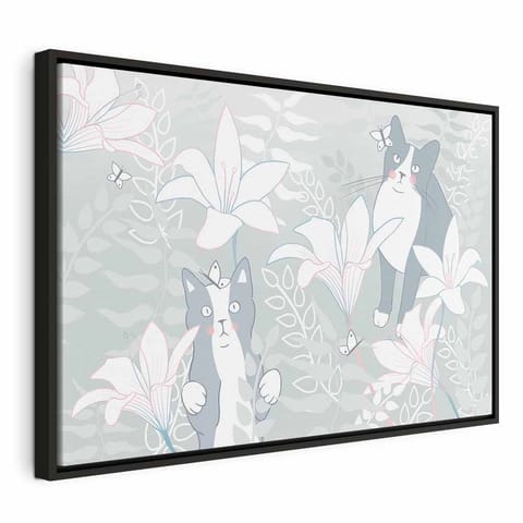 ⁨Obraz - Kocie sprawy (1-częściowy) szeroki - pierwszy wariant (rozmiar 60x40, wykończenie W ramie drewnianej czarnej)⁩ w sklepie Wasserman.eu
