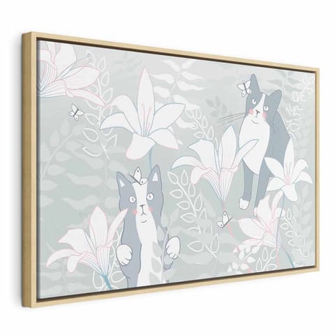 ⁨Obraz - Kocie sprawy (1-częściowy) szeroki - pierwszy wariant (rozmiar 90x60, wykończenie W ramie drewnianej naturalnej)⁩ w sklepie Wasserman.eu